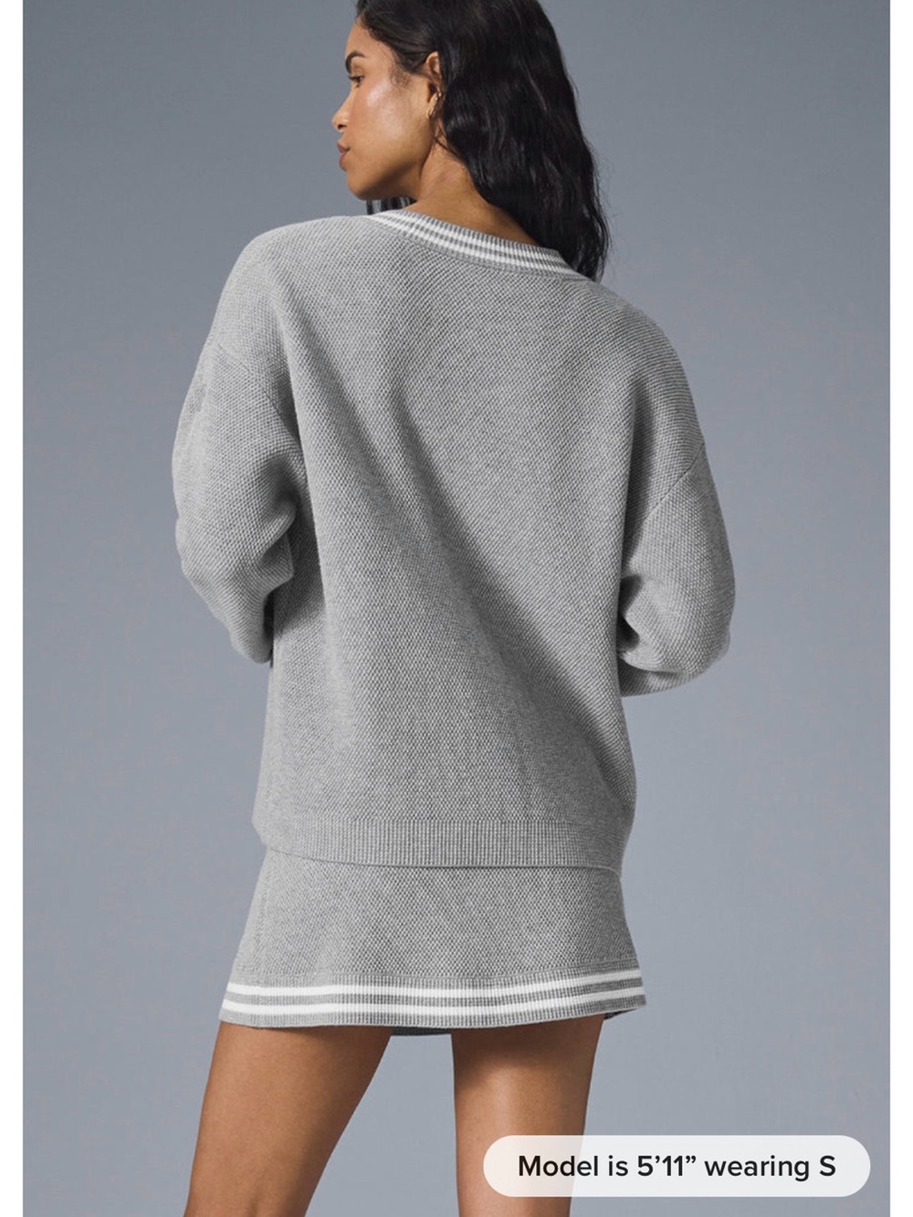 ALO tennis club sweater knit cardigan in grey and white - Picture 2 of 10